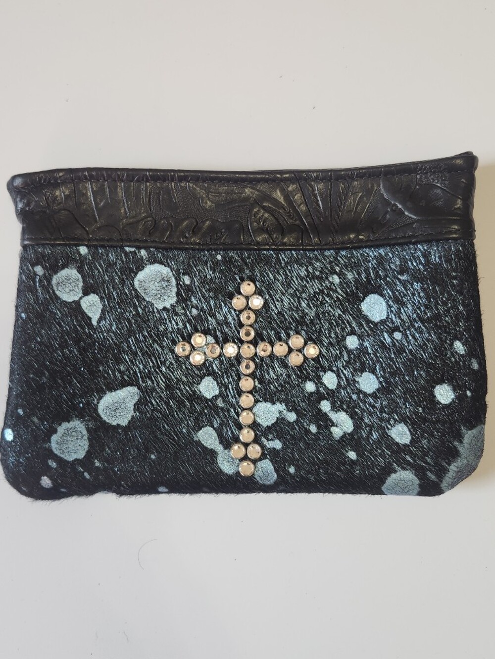 Y2k KurtMen acid-washed cowhide clutch featuring an embellished crystal cross